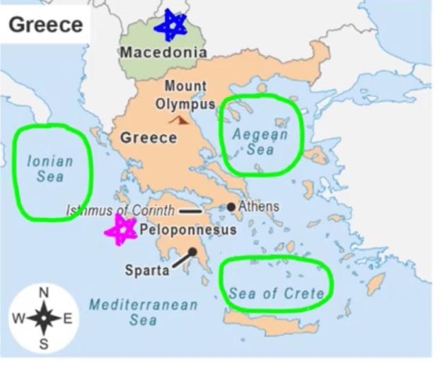 The map shows ancient Greece. A map titled Greece. The map has labels A through D-example-1