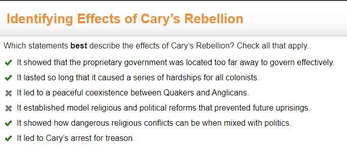 Which statements best describe the effects of Cary’s Rebellion? Check all that apply-example-1