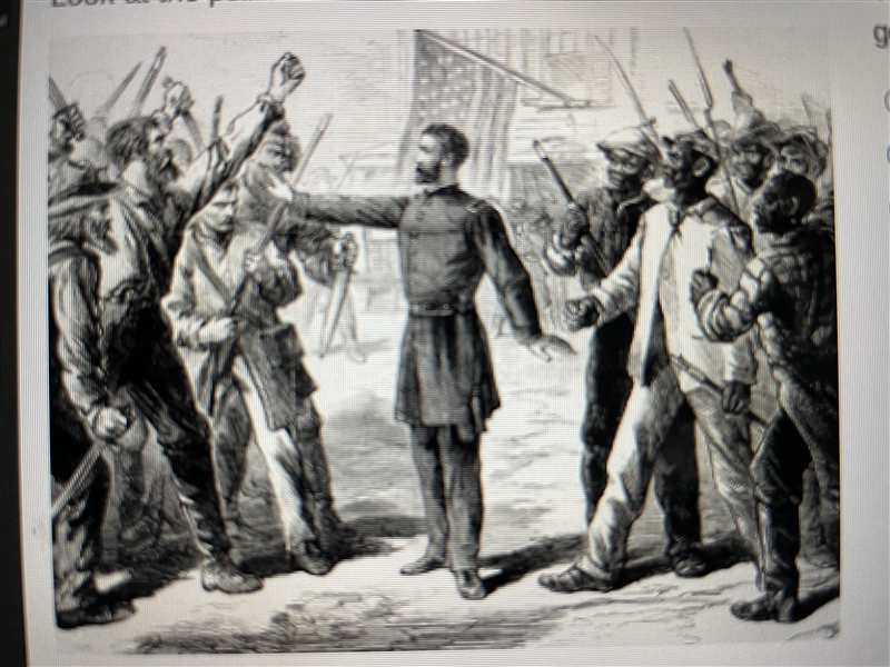 The cartoon shows an officer from the federal government protecting Southern whites-example-1