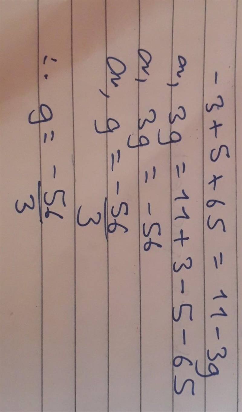 Equations with variables on both sides Solve for g. -3 +5 + 65 = 11 – 3g Solv-example-1