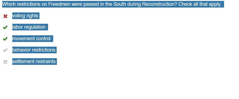 Which restrictions on Freedmen were passed in the South during Reconstruction? Check-example-1