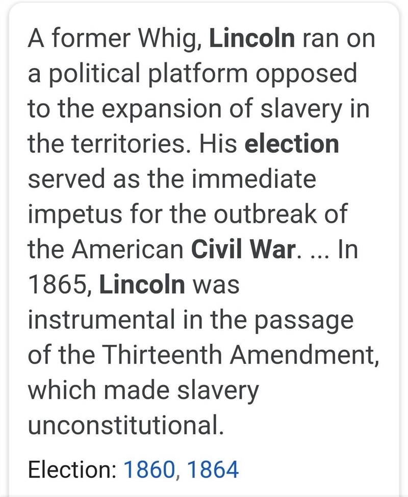 Explain why the election of Abraham Lincoln in 1860 was a key event leading to the-example-1