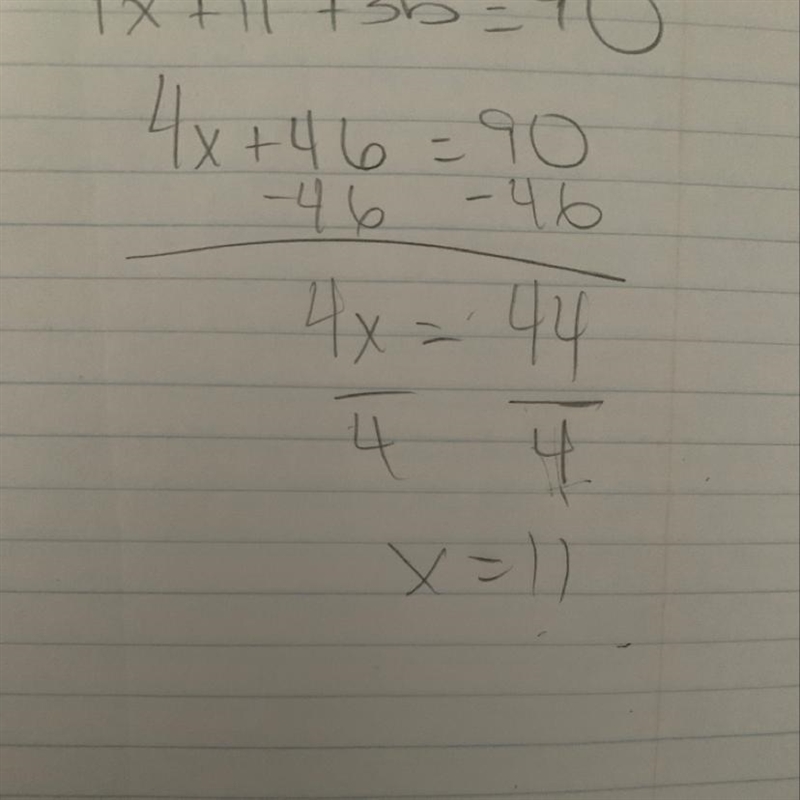 The sum is 35 angle and 4x + 11 is 90 degrees????-example-1