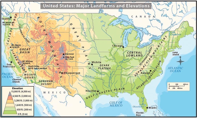 according to the map , would a person go east or west of the Great Plains if they-example-1