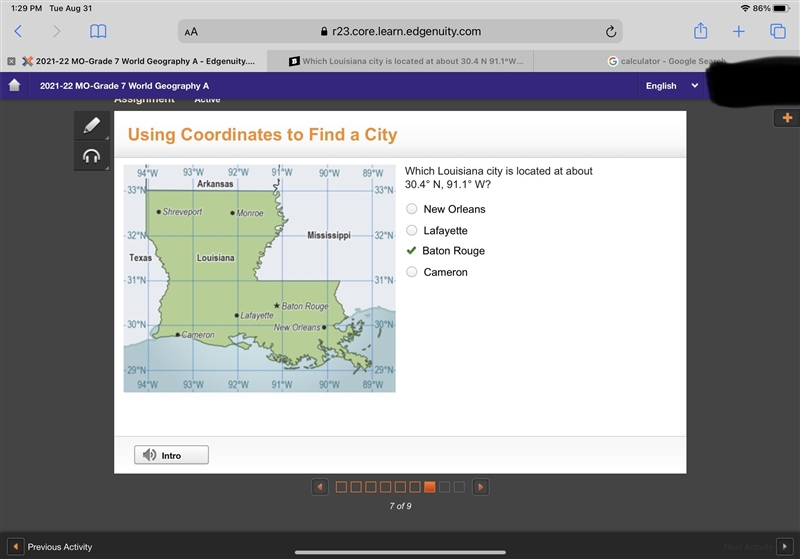 Which Louisiana city is located at about 30.4 N 91.1°W?-example-1