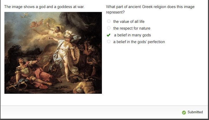 The image shows a god and a goddess at war. A man is on the ground looking up at a-example-1