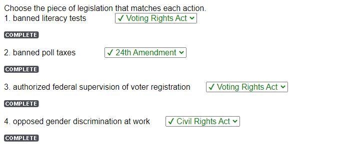 4. opposed gender discrimination at work DONE Civil Rights Act 24th Amendment Voting-example-1