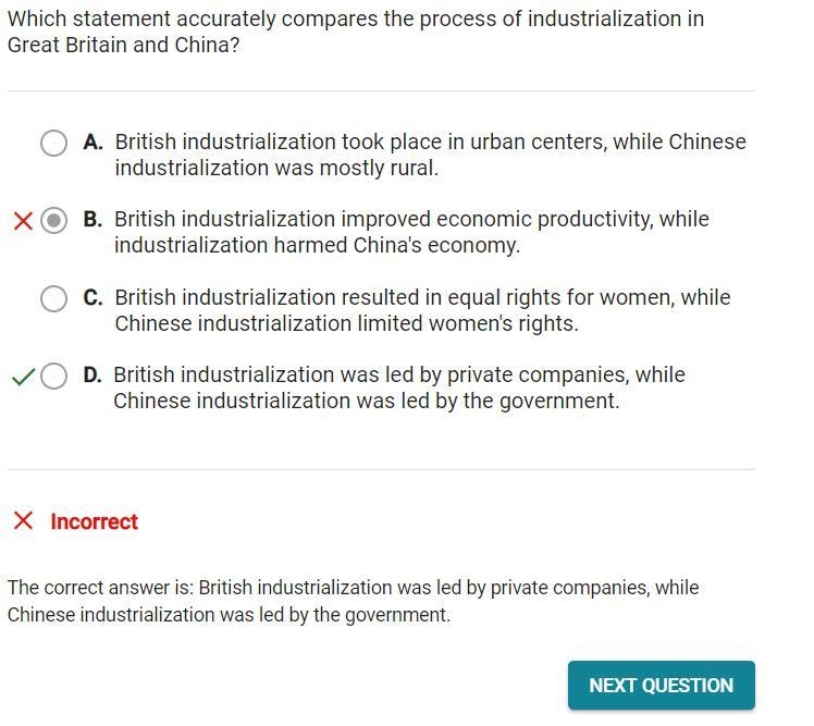 Which statement accurately compares the process of industrialization in Great Britain-example-1