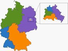 Look at the map. A map of Germany divided into 4 zones, each controlled by either-example-1