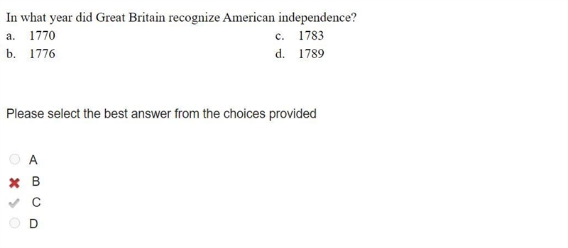 In what year did Great Britain recognize American independence? a. 1770 b. 1776 c-example-1