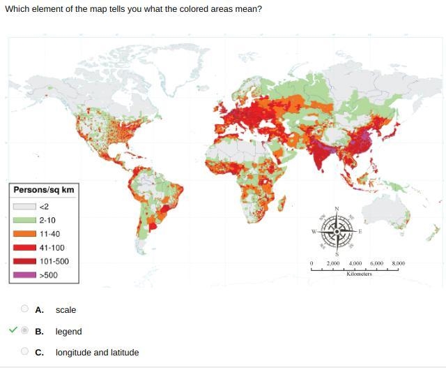 Which element of the map tells you what the colored areas mean? A scale B legend C-example-1