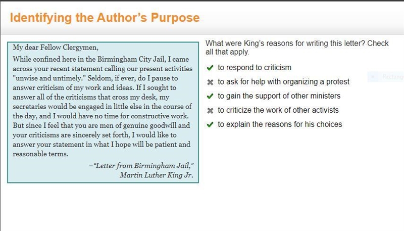 What were King’s reasons for writing this letter? Check all that apply. to respond-example-1