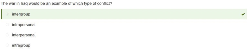 The war in Iraq would be an example of which type of conflict? intergroup interpersonal-example-1