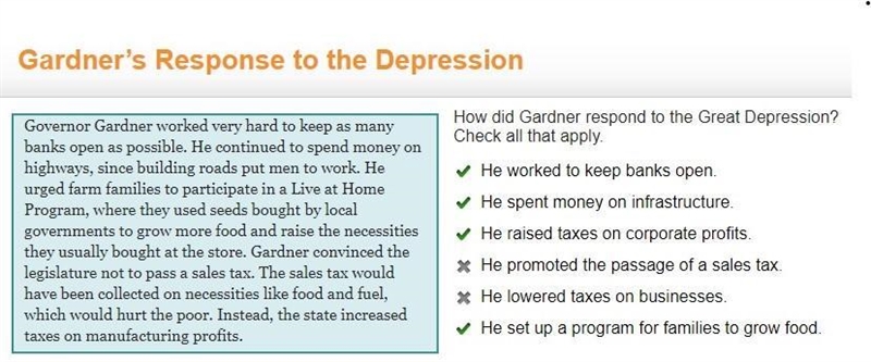 How did Gardner respond to the Great Depression? Check all that apply. He worked to-example-1