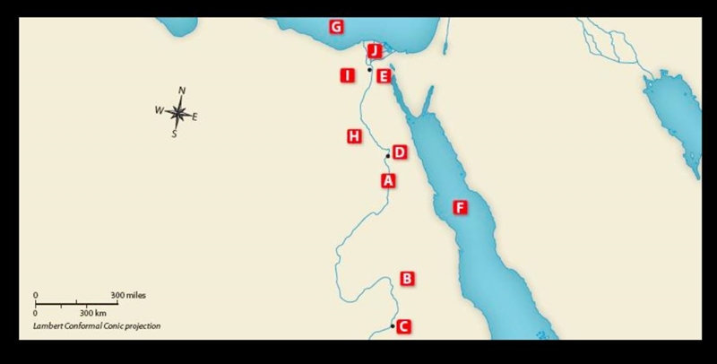 Match the letters on the map with the numbered places listed below. 1. Nile Delta-example-1