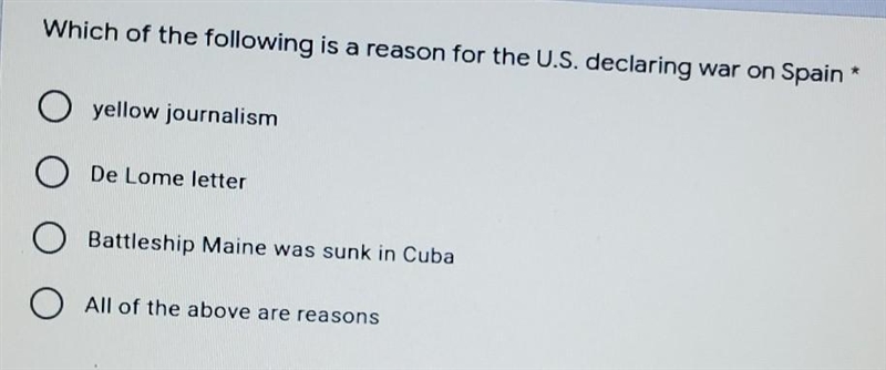 Which of the following is a reason for the U.S. declaring war on Spain A. yellow journalism-example-1