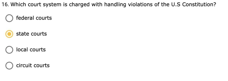 Which court system is charged with handling violations of the U.S Constitution?-example-1