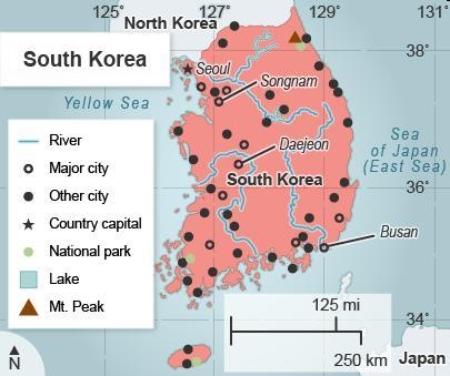 This is a map of South Korea. South Korea is located between which lines of longitude-example-1