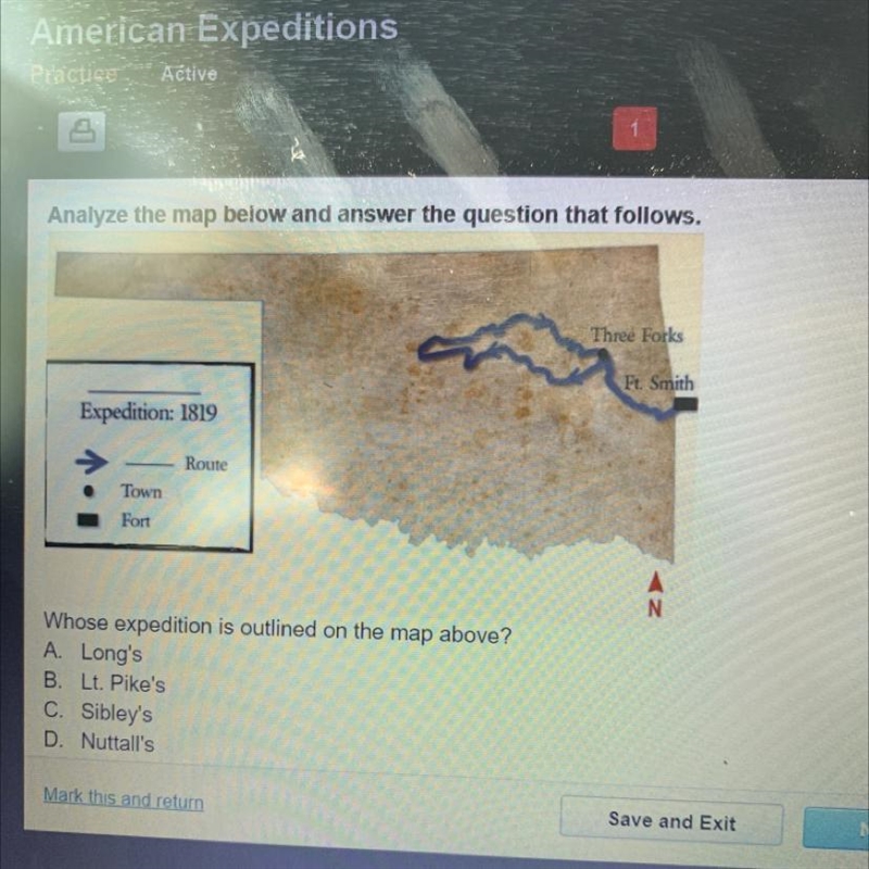 Whose expedition is outlined on the map above? A. Long’s B. Lt. Pike’s C. Sibley’s-example-1