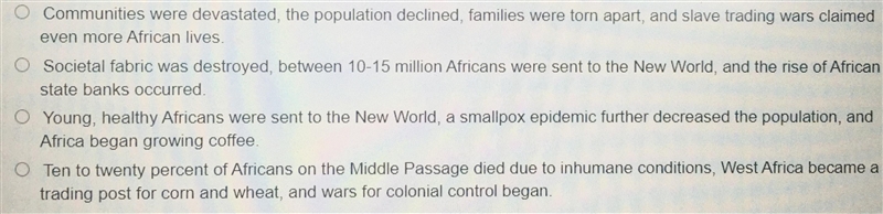 Which statement best describes the effect of Triangular Trade on Africa Please help-example-1