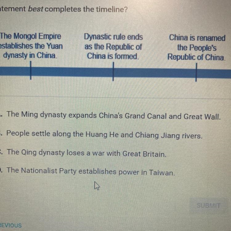 Which statement best completes the timeline? A. The Ming dynasty expands China's Grand-example-1