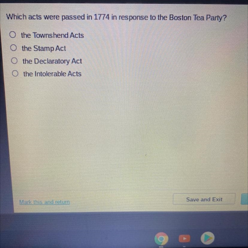 Which acts were passed in 1774 in response to the Boston Tea Party? the Townshend-example-1