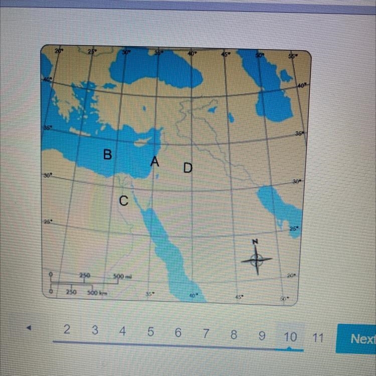 Location D is which place? O Canaan O Syrian Desert O Mediterranean Sea O Egypt-example-1