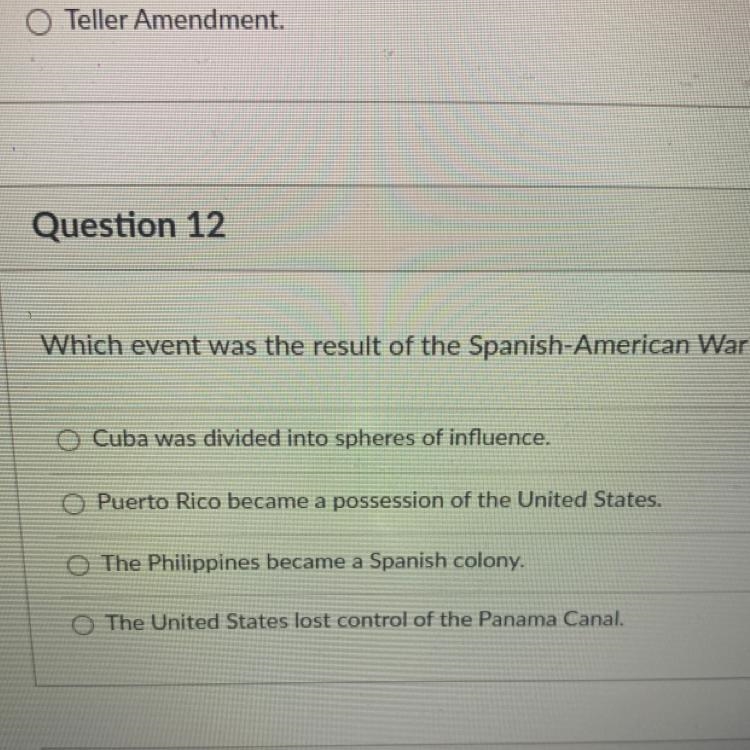 Question 12 which event was the result of the Spanish American war?-example-1