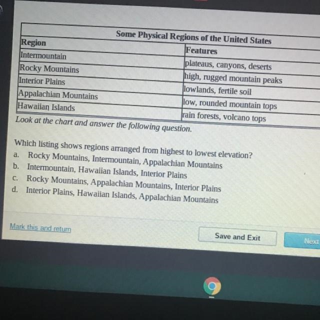 Which listing shows regions arranged from highest to lowest elevation A. Rocky Mountains-example-1