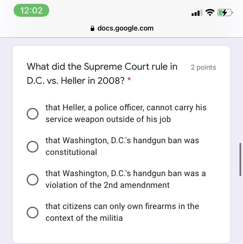 What did the supreme court rule in D.C vs. Heller in 2008? ^^-example-1