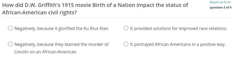 How did D.W. Griffith's 1915 movie Birth of a Nation impact the status of African-example-1