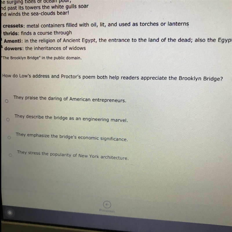 How do lows address and proctors poem both help readers appreciate the Brooklyn bridge-example-1