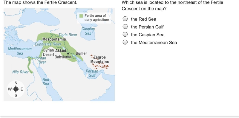 Which sea is located to the northeast of the Fertile Crescent on the map? the Red-example-1