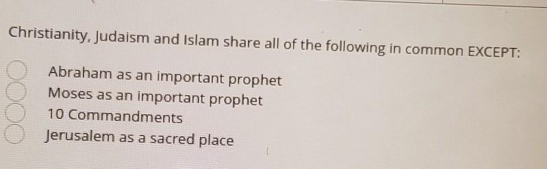 Judaism and Islam share all of the following in common EXCEPT: (Multiple choice)​-example-1