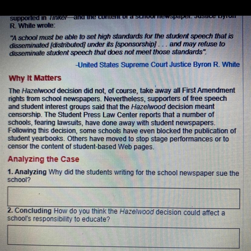 How do you think the hazelwood decision could affect a school's responsibility to-example-1