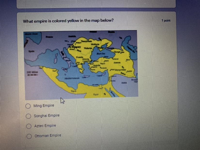 What empire is colored yellow in the map bellow? 1-Ming Empire 2- Songhai 3- Aztec-example-1