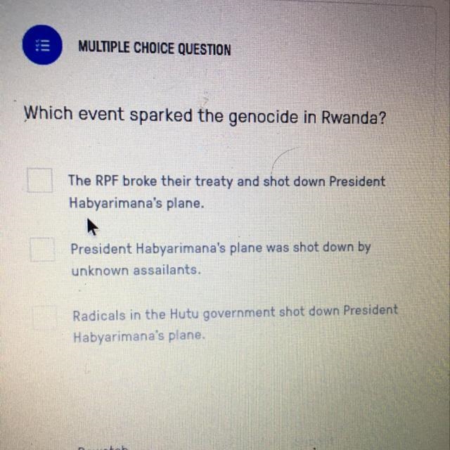 Which event sparked the genocide in Rwanda?-example-1