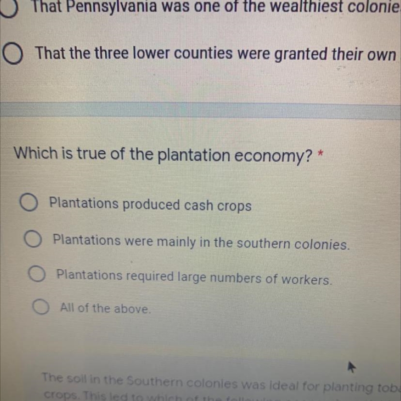 Which is true of the plantation economy? O Plantations produced cash crops O Plantations-example-1