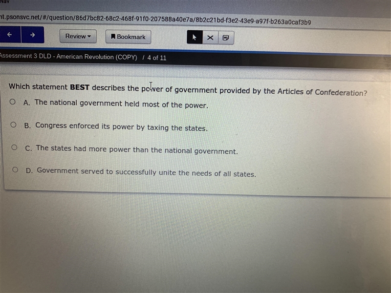 Which statement best describes the power of government proven by the articles of confederation-example-1