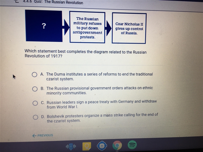 Which statement best completes the diagram related to the Russian revolution of 1917?-example-1