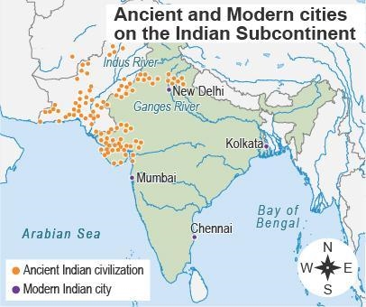 The map shows ancient and modern cities in the Indian subcontinent. A map titled Ancient-example-1