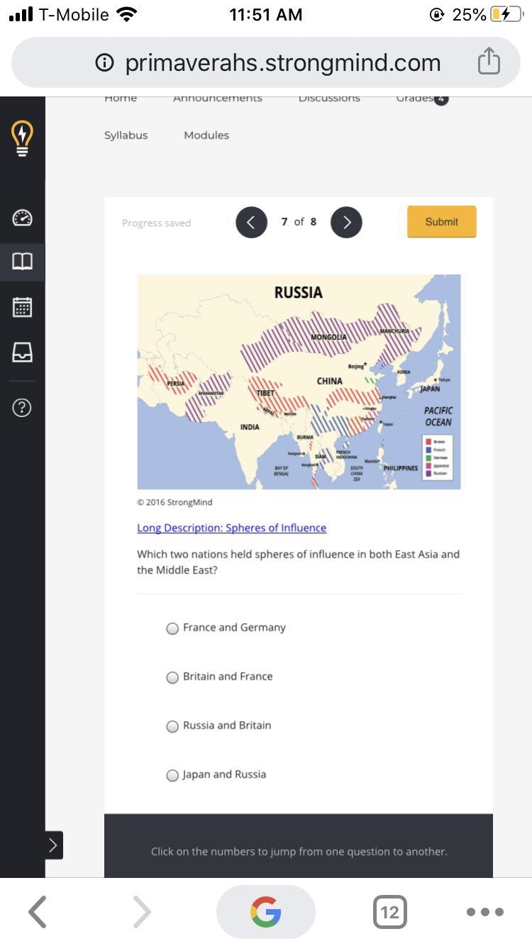 Which two nations held spheres of influence in both East Asia and the Middle East-example-1