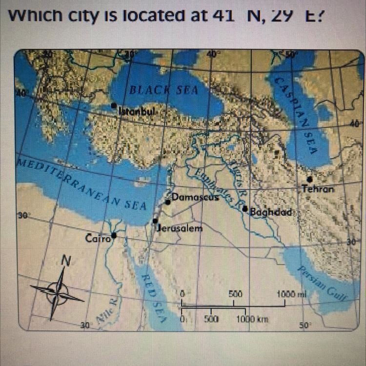 PLEASE HELP I NEED AN ANSWER ASAP! Which city is located at 41’ N, 29’ E. -Cairo -Istanbul-example-1