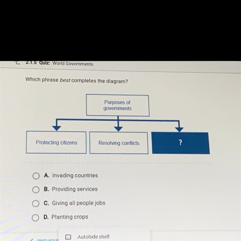 Which phrase best completes the diagram? (picture ^^) A.invading countries B.providing-example-1