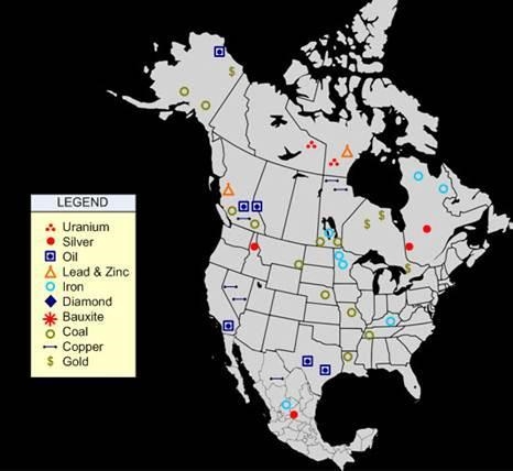 The map below shows the location of some natural resources in North America. According-example-1