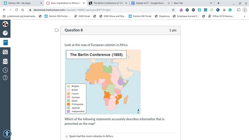 Look at this map of European colonies in Africa. Which of the following statements-example-1