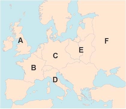 PLEASE HURRY A map of Europe with letters over different countries. A, an island west-example-1