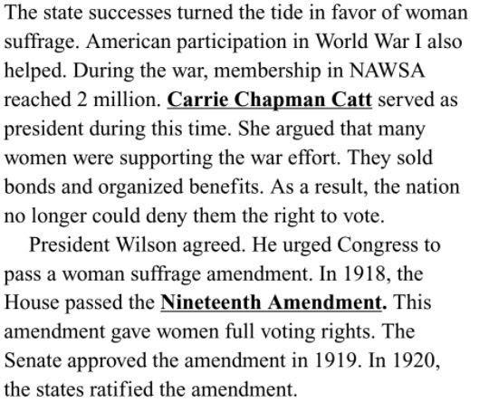 4. What two events helped women gain the right to vote? 1) America's entry in WWi-example-1