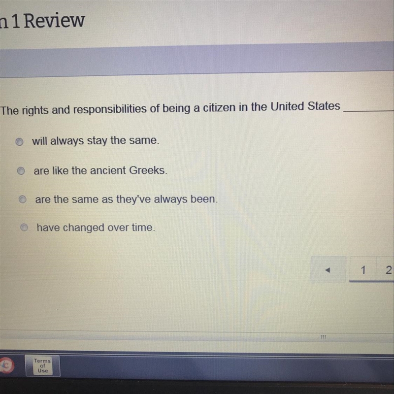 The rights and responsibilities of being a citizen in the United States A) will always-example-1