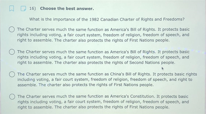 16) Choose the best answer. What is the importance of the 1982 Canadian Charter of-example-1